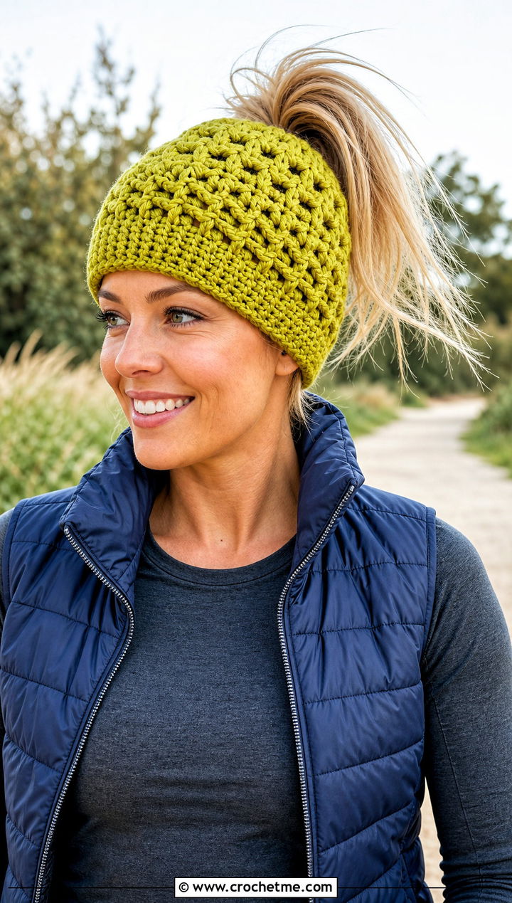 Messy Bun Double Crochet Hat With Athleisure - 15 simple double crochet hat outfit ideas