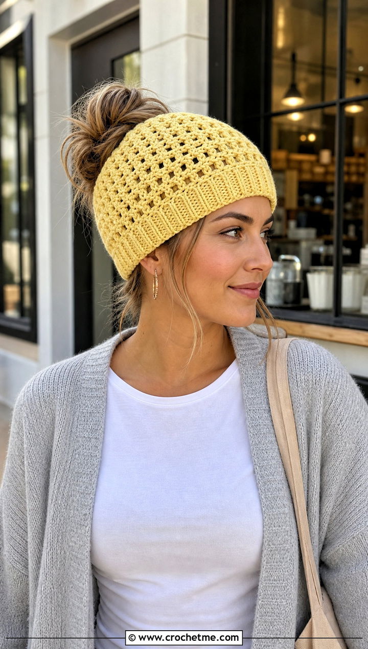 Messy Bun Double Crochet Hat With Cardigan - 30 double crochet hat outfit ideas