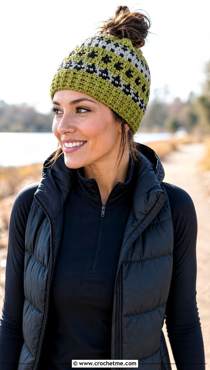Messy Bun Fair Isle Crochet Beanie With Athleisure - 30 fair isle crochet hat outfit ideas