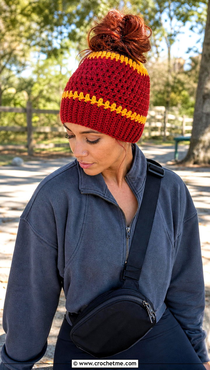 Messy Bun Gryffindor Crochet Beanie With Leggings - 15 gryffindor crochet hat outfit ideas