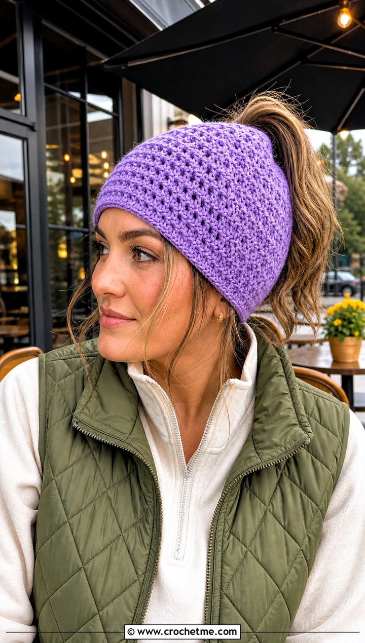 Messy Bun HDC Crochet Beanie With Quilted Vest And Flared Leggings - 20 hdc crochet beanie outfit ideas