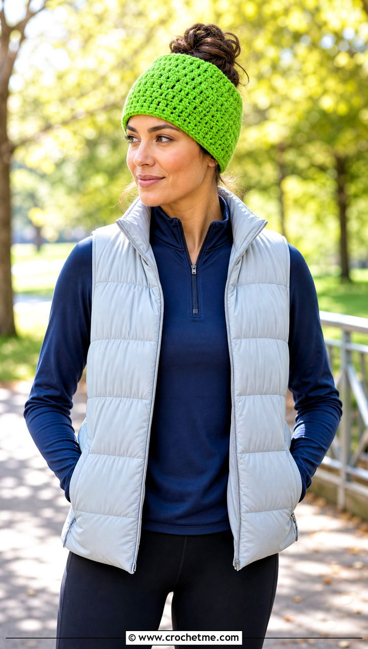 Messy Bun Half Double Crochet Hat With Quarter Zip And Leggings - 30 Half Double Crochet Hat outfit ideas
