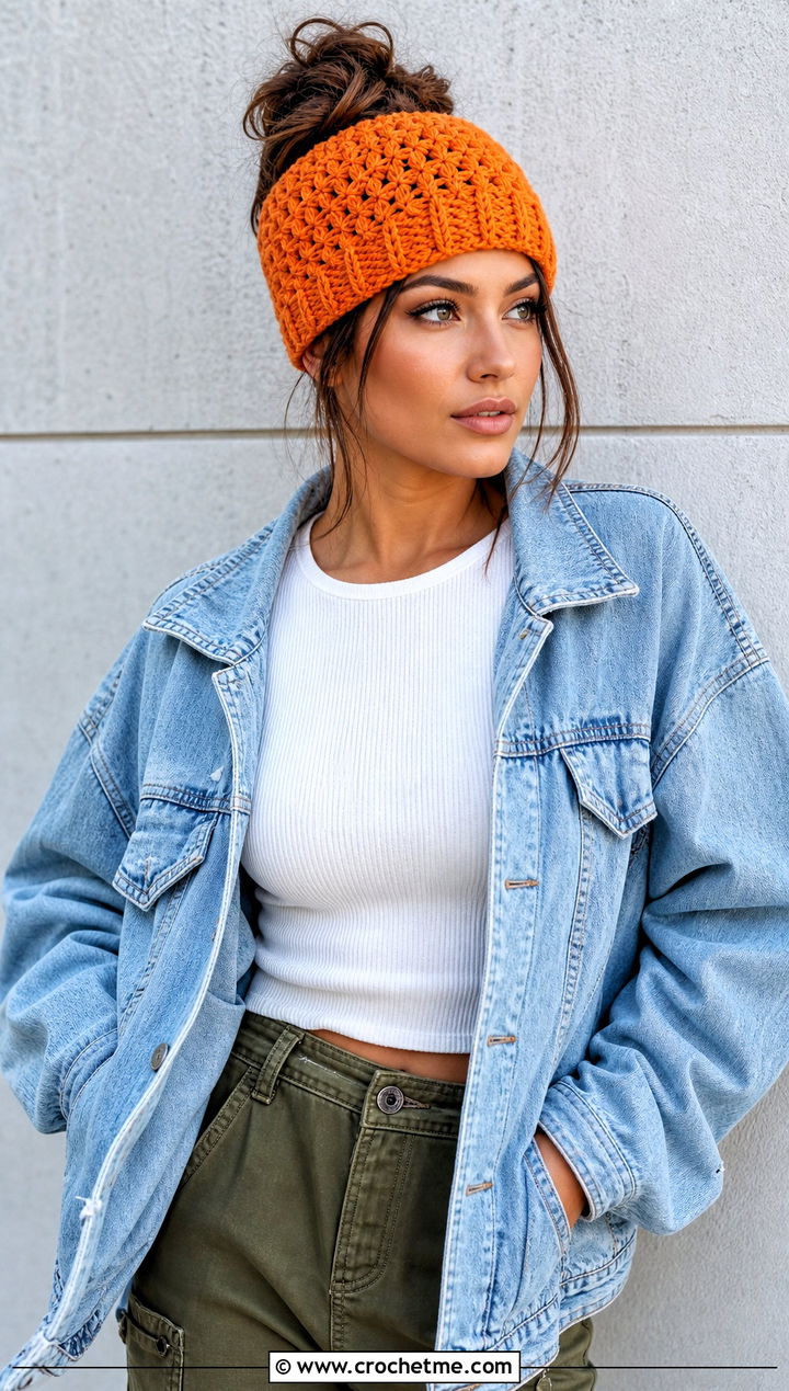 Messy Bun Lemon Peel Stitch Crochet Beanie With Denim Jacket And Cargo Pants - 15 Lemon Peel Stitch Crochet Hat outfit ideas