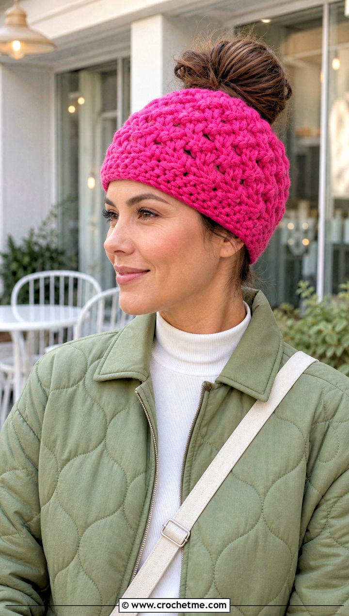 Messy Bun Puff Stitch Beanie With Quilted Jacket And Joggers - 25 crochet puff stitch beanie outfit ideas
