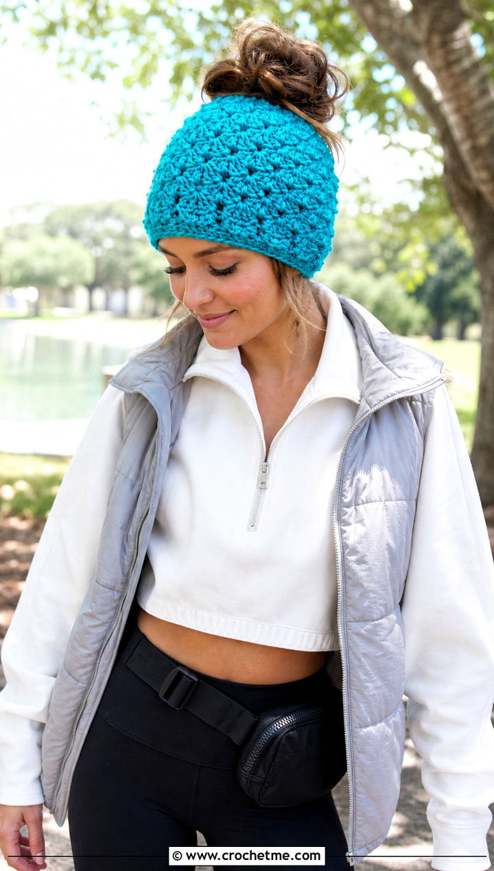 Messy Bun Shell Stitch Beanie With Athleisure - 15 Crochet Shell Stitch Beanie outfit ideas