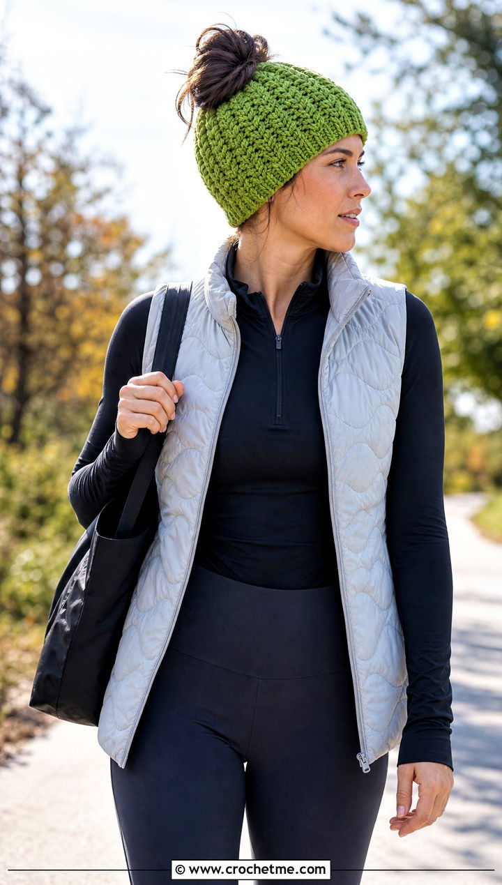 Messy Bun Shell Stitch Beanie With Quilted Vest And Flared Leggings - 20 shell crochet beanie outfit ideas