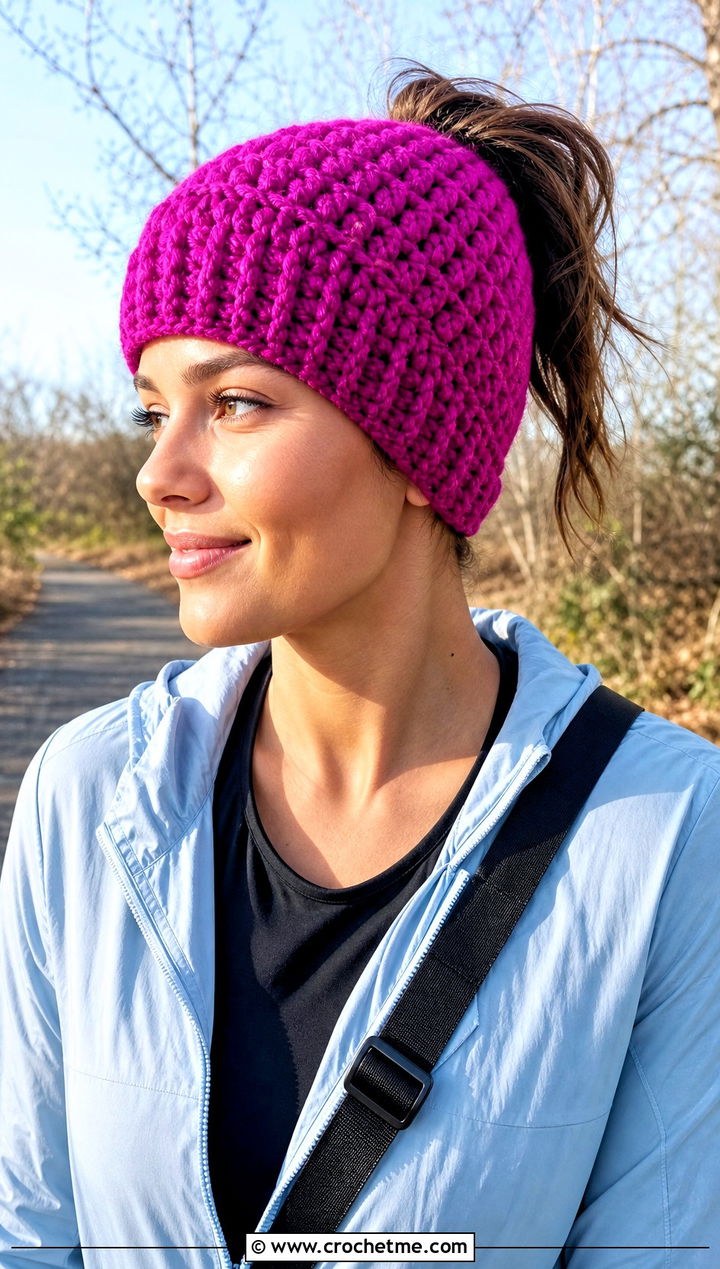 Messy Bun Single Crochet Beanie With Activewear - 15 Sc Crochet Beanie outfit ideas