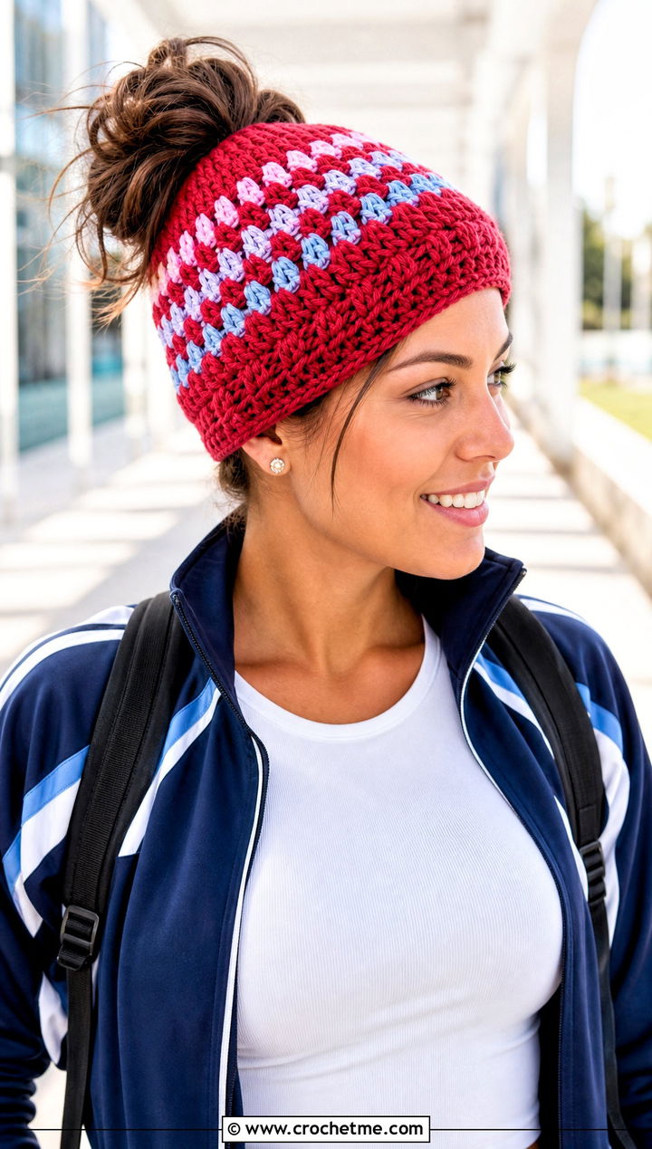 Messy Bun Tempest Crochet Beanie With Track Jacket - 15 tempest crochet beanie outfit ideas