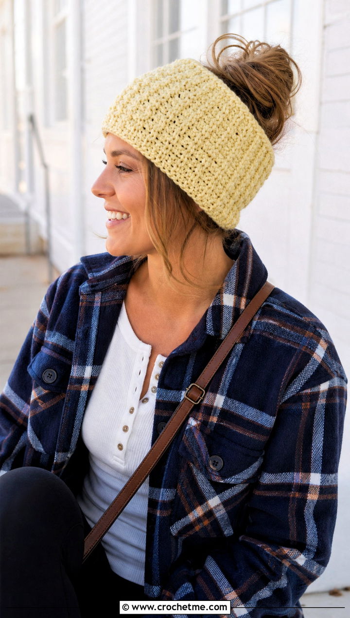 Messy Bun Waffle Crochet Beanie With Shacket And Leggings - 20 waffle crochet beanie outfit ideas