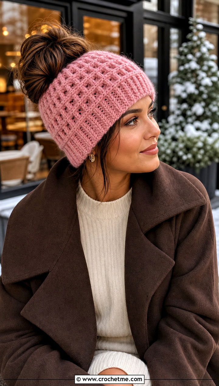 Messy Bun Waffle Crochet Beanie With Sweater Dress - 20 Waffle Crochet Hat outfit ideas