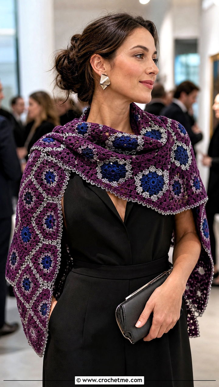 Metallic Accent Granny Square Scarf With Black Jumpsuit - 30 crochet granny square scarf outfit ideas