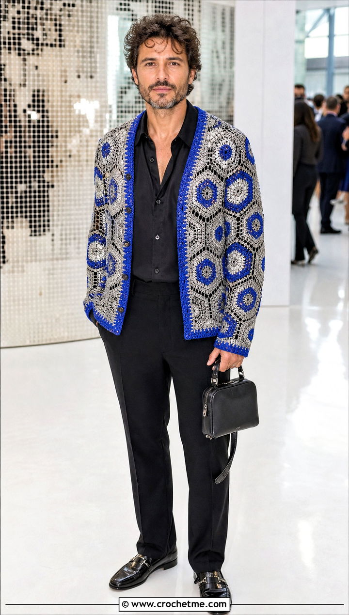 Metallic Accent Hexagon Crochet Cardigan With Satin Shirt - 35 men hexagon crochet cardigan outfit ideas