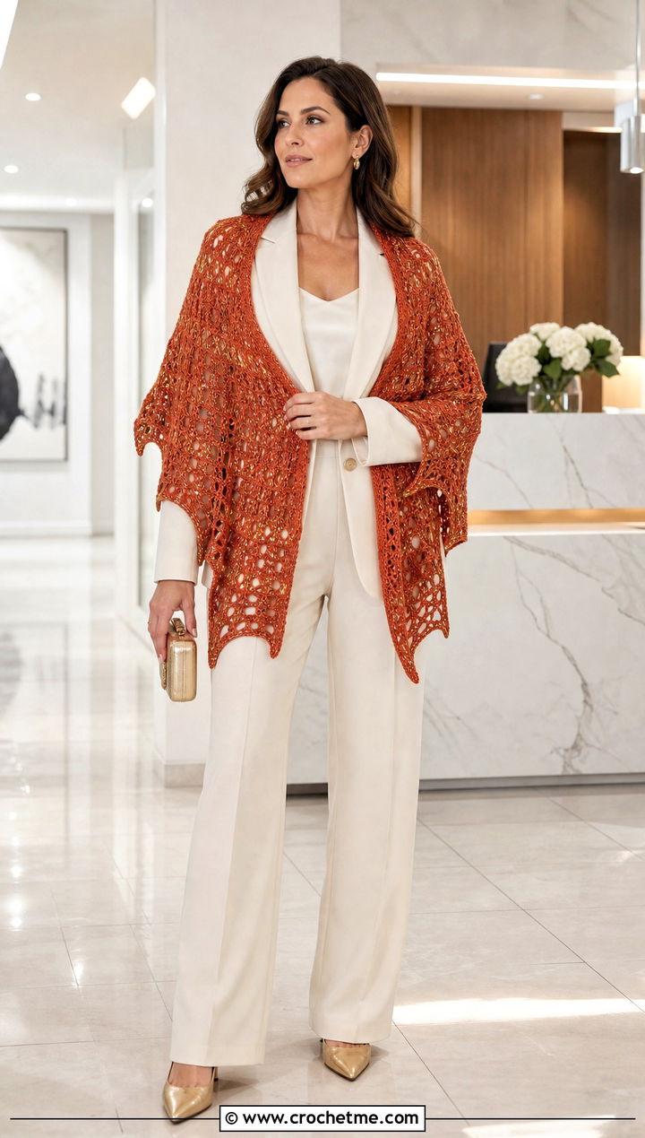 Metallic Bat Wing Crochet Shawl With Trouser Suit - 25 bat wing crochet shawl outfit ideas