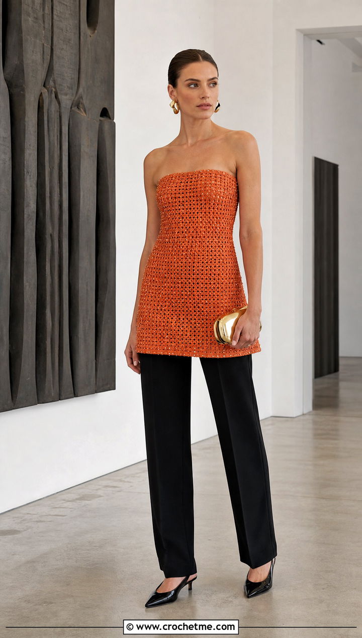Metallic Beaded Strapless Crochet Mini Dress Over Trousers - 15 Beaded Crochet Mini Dress outfit ideas