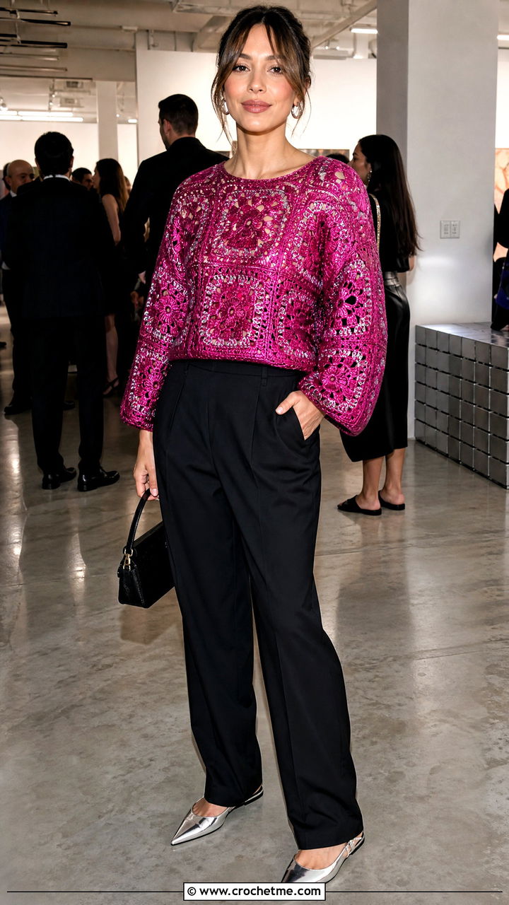 Metallic Big Granny Square Sweater With Tailored Black Pants - 35 big granny square sweater outfit ideas