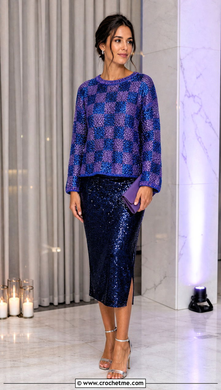 Metallic Checkered Sweater With Sequin Midi Skirt - 30 crochet checkered sweater outfit ideas