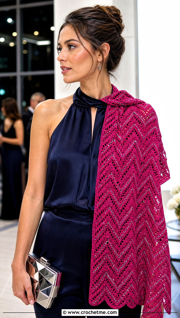 Metallic Chevron Crochet Scarf With Satin Jumpsuit - 25 Zig Zag Crochet Scarf outfit ideas