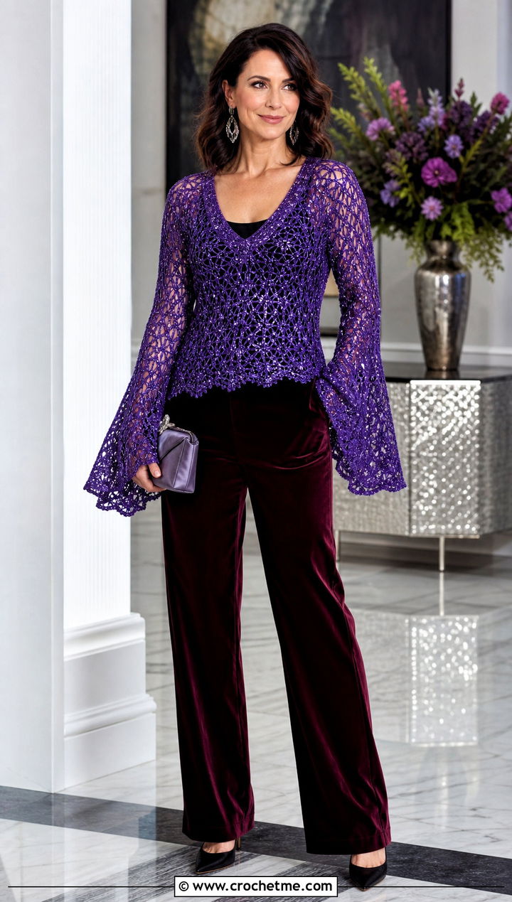 Metallic Crochet Bell Sleeve Sweater With Velvet Trousers - 25 crochet bell sleeve sweater outfit ideas