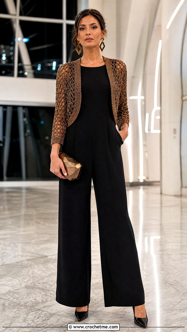 Metallic Crochet Bolero With Black Jumpsuit - 35 crochet half sweater outfit ideas