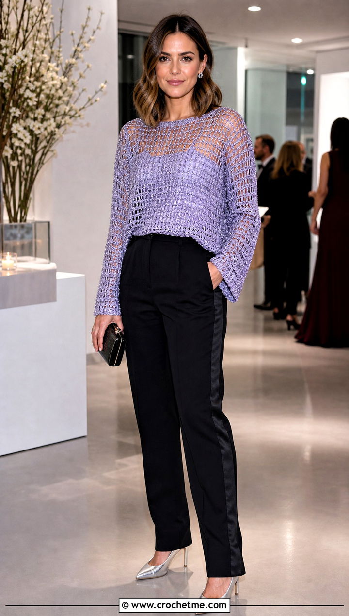 Metallic Crochet Boxy Sweater With Tuxedo Trousers - 25 Crochet Boxy Sweater outfit ideas