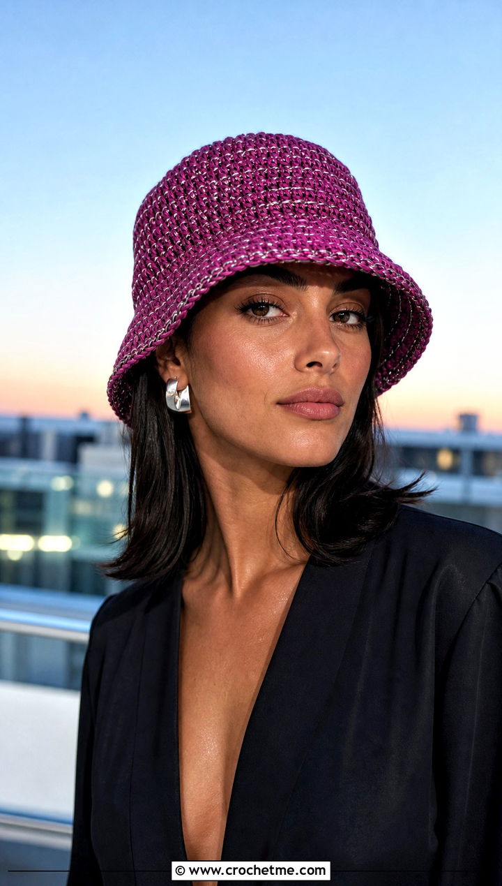 Metallic Crochet Bucket Hat With Evening Jumpsuit - 25 crocheting bucket hat outfit ideas