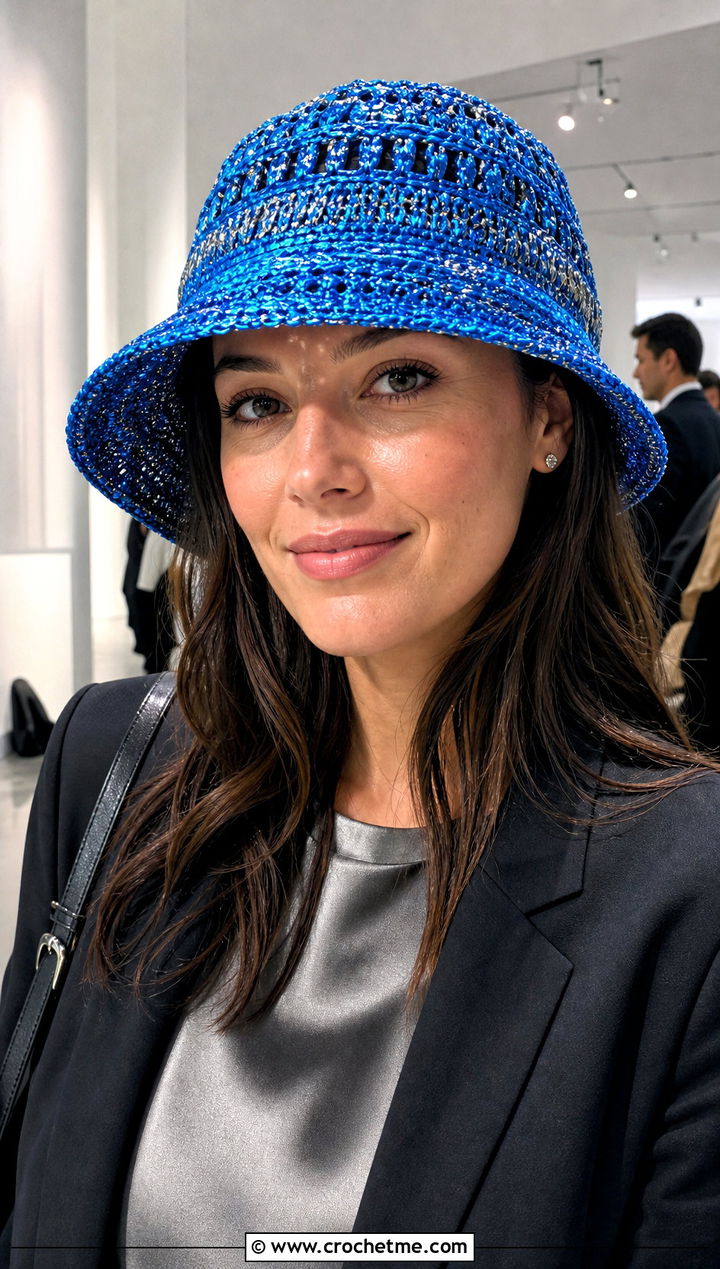 Metallic Crochet Bucket Hat With Satin Top And Trousers - 30 easy crochet bucket hat outfit ideas