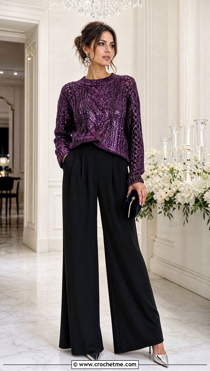 Metallic Crochet Cable Sweater With Wide Leg Pants - 25 Cable Knit Crochet Sweater outfit ideas