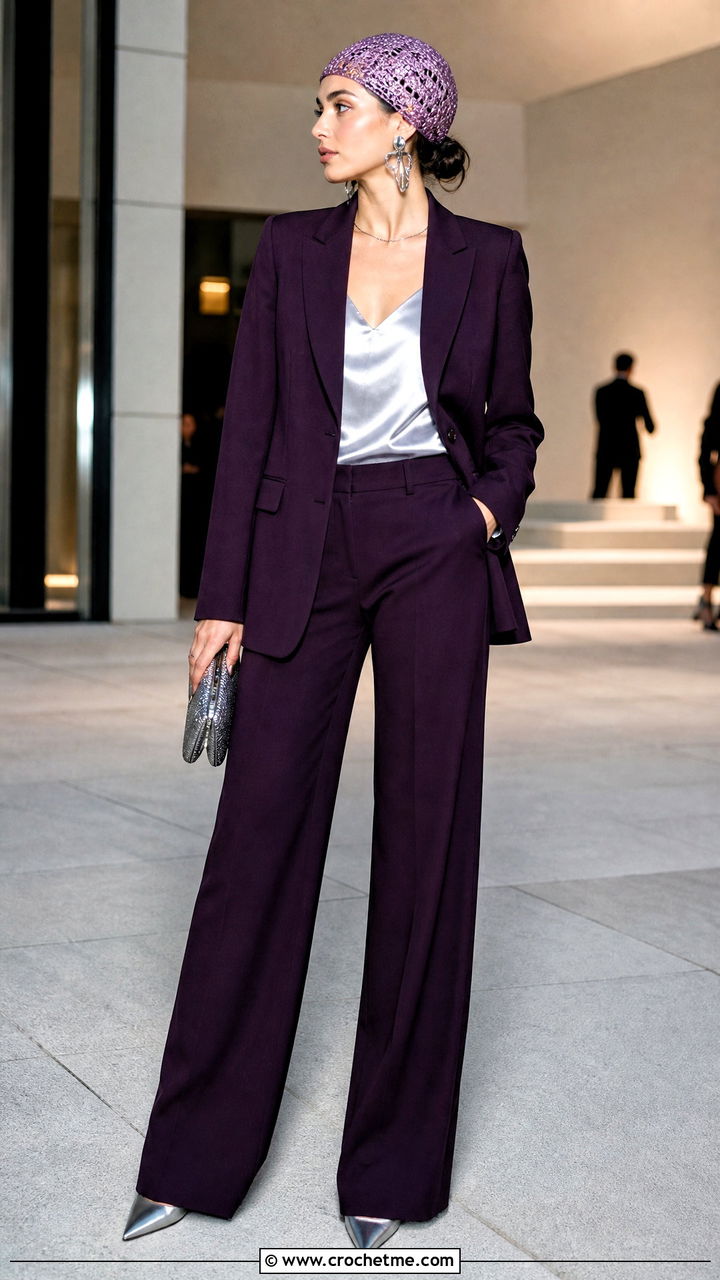 Metallic Crochet Cap With Evening Suit - 35 crochet cap outfit ideas