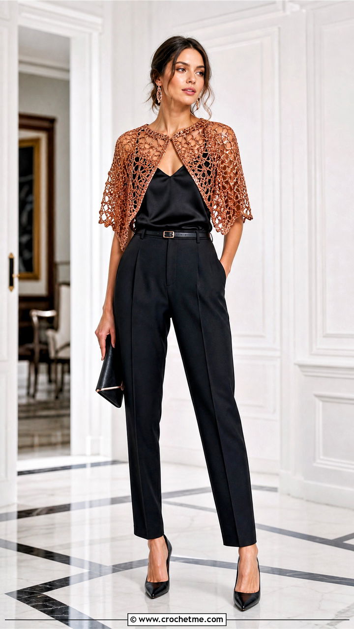 Metallic Crochet Capelet With Tuxedo Trousers - 35 crochet capelet outfit ideas