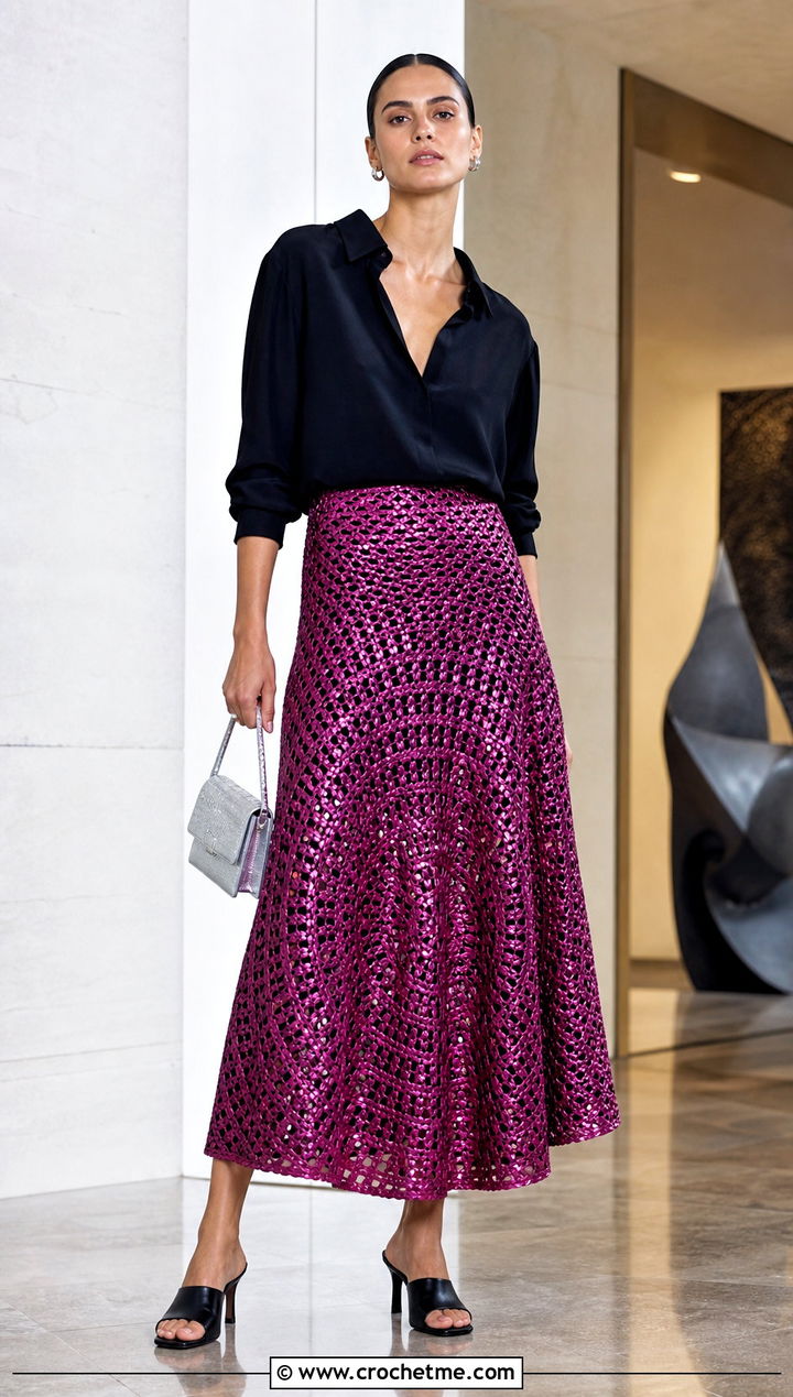 Metallic Crochet Circle Skirt With Simple Blouse - 25 crochet circle skirt outfit ideas