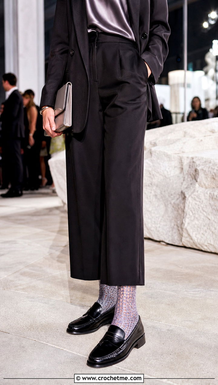 Metallic Crochet Crew Socks With Trouser Suit - 35 easy crocheted socks outfit ideas