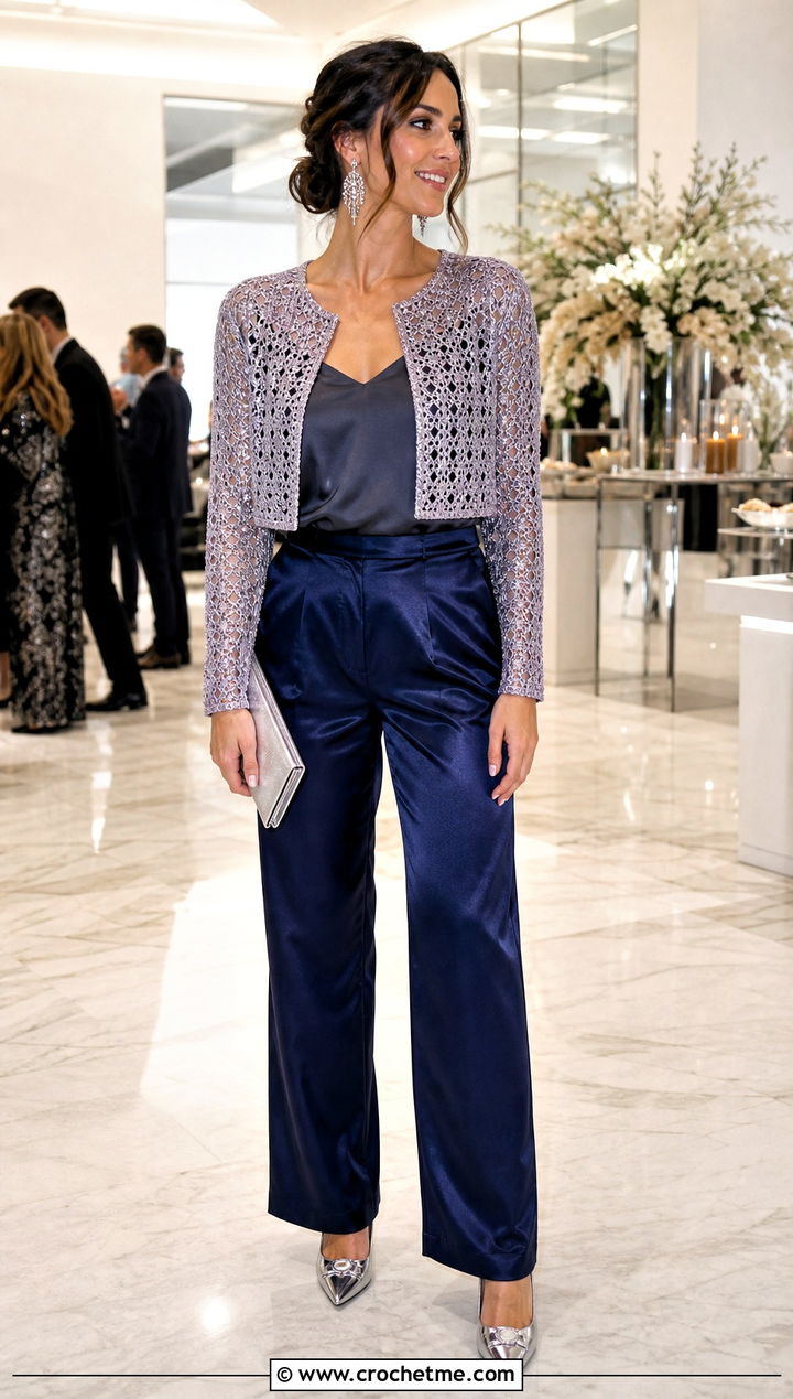 Metallic Crochet Cropped Cardigan With Satin Trousers - 25 crocheted cropped cardigan outfit ideas