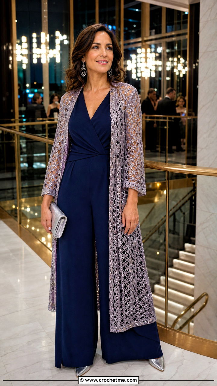 Metallic Crochet Duster Cardigan With Evening Jumpsuit - 35 crochet duster cardigan outfit ideas