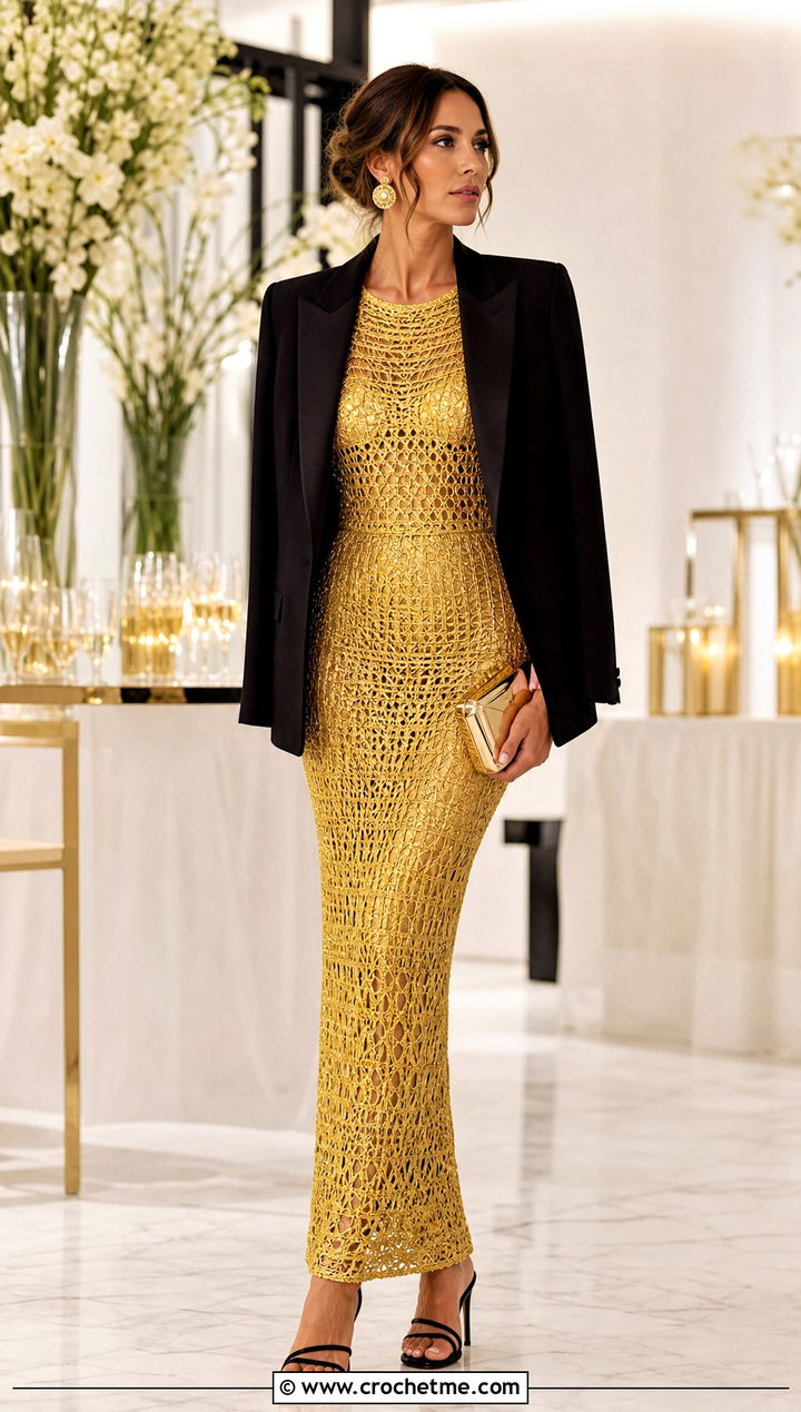 Metallic Crochet Evening Dress With Tuxedo Jacket - 20 elegant crochet dress outfit ideas