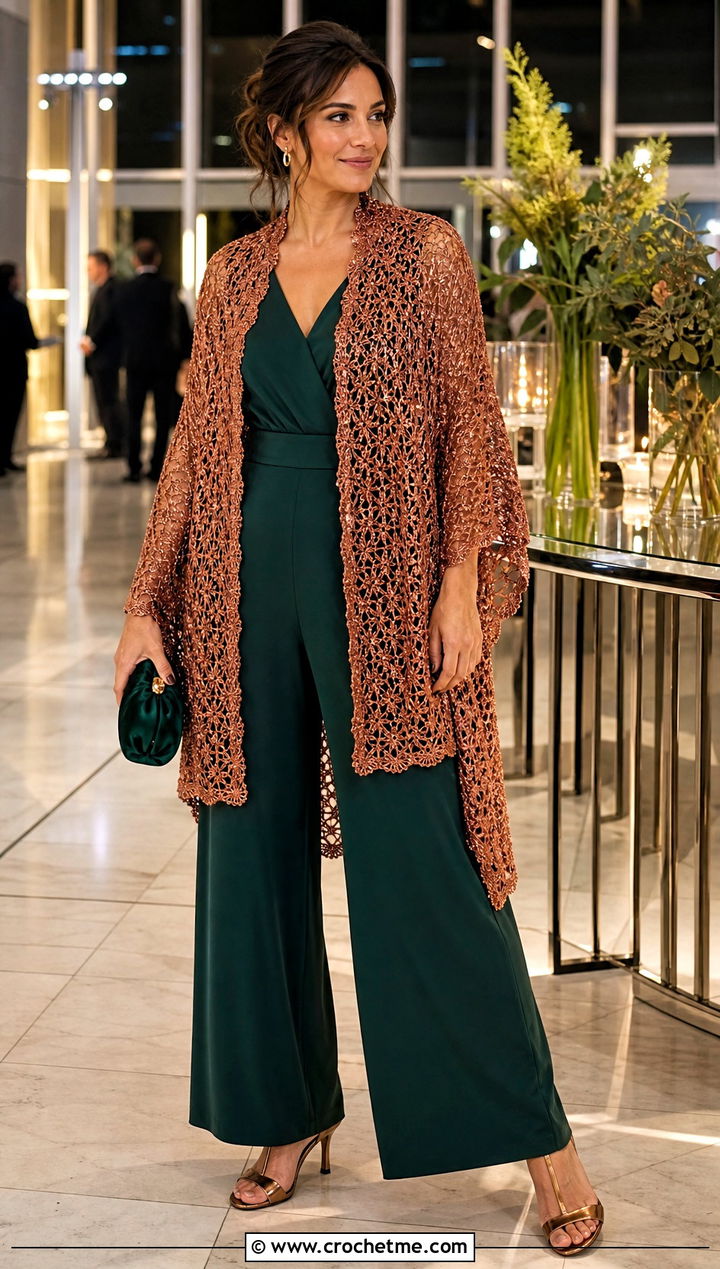Metallic Crochet Evening Wrap With Wide Leg Jumpsuit - 35 crochet wrap with sleeves outfit ideas