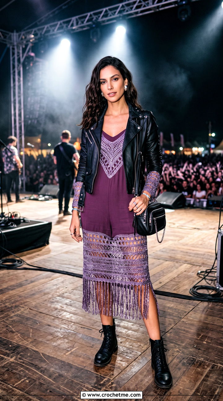 Metallic Crochet Festival Dress With Biker Jacket - 35 crochet festival dress outfit ideas