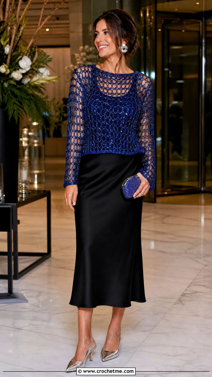 Metallic Crochet Fishnet Top With Black Midi Skirt - 35 crochet fishnet top outfit ideas