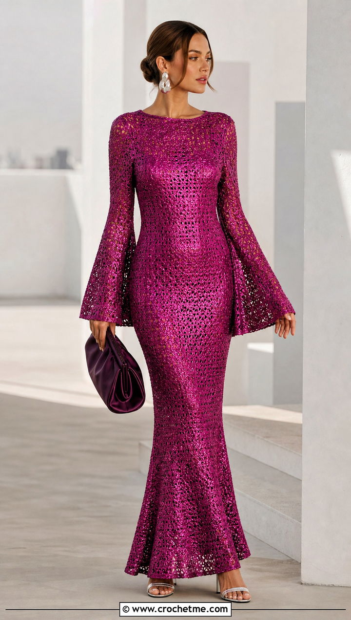 Metallic Crochet Fishtail Flare Sleeve Maxi Dress With Minimal Heels - 20 Crochet Fishtail Flare Sleeve Maxi Dress outfit ideas