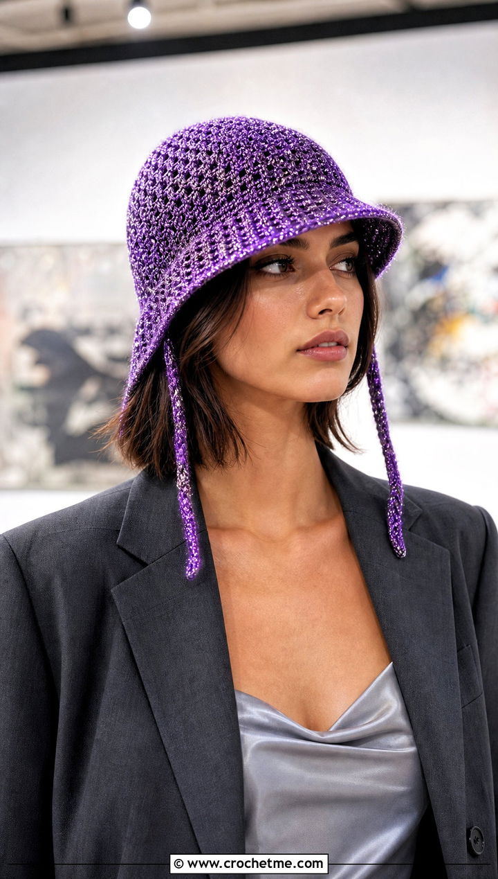 Metallic Crochet Flap Hat With Trouser Suit - 30 crochet flap hat outfit ideas