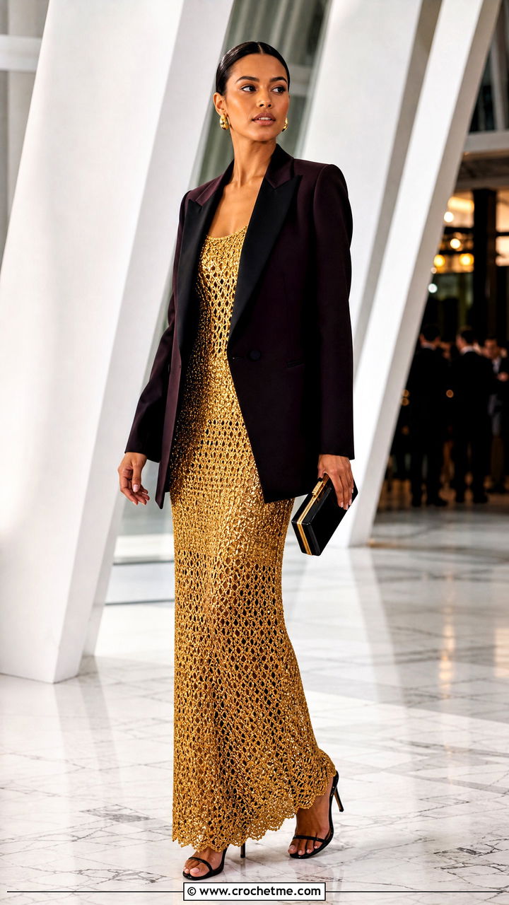 Metallic Crochet Gown With Tuxedo Blazer - 35 crocheted dress outfit ideas