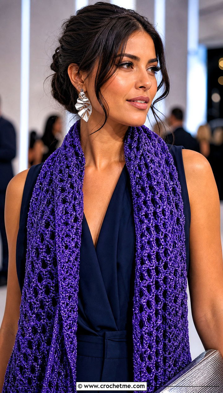 Metallic Crochet Granny Stitch Scarf With Jumpsuit - 30 crochet granny stitch scarf outfit ideas