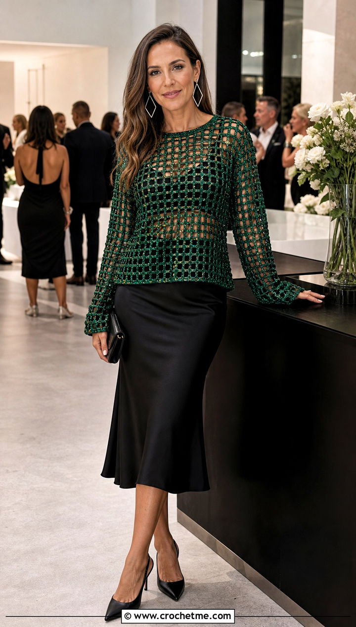 Metallic Crochet Grid Sweater With A Black Midi Skirt - 30 crochet grid sweater outfit ideas