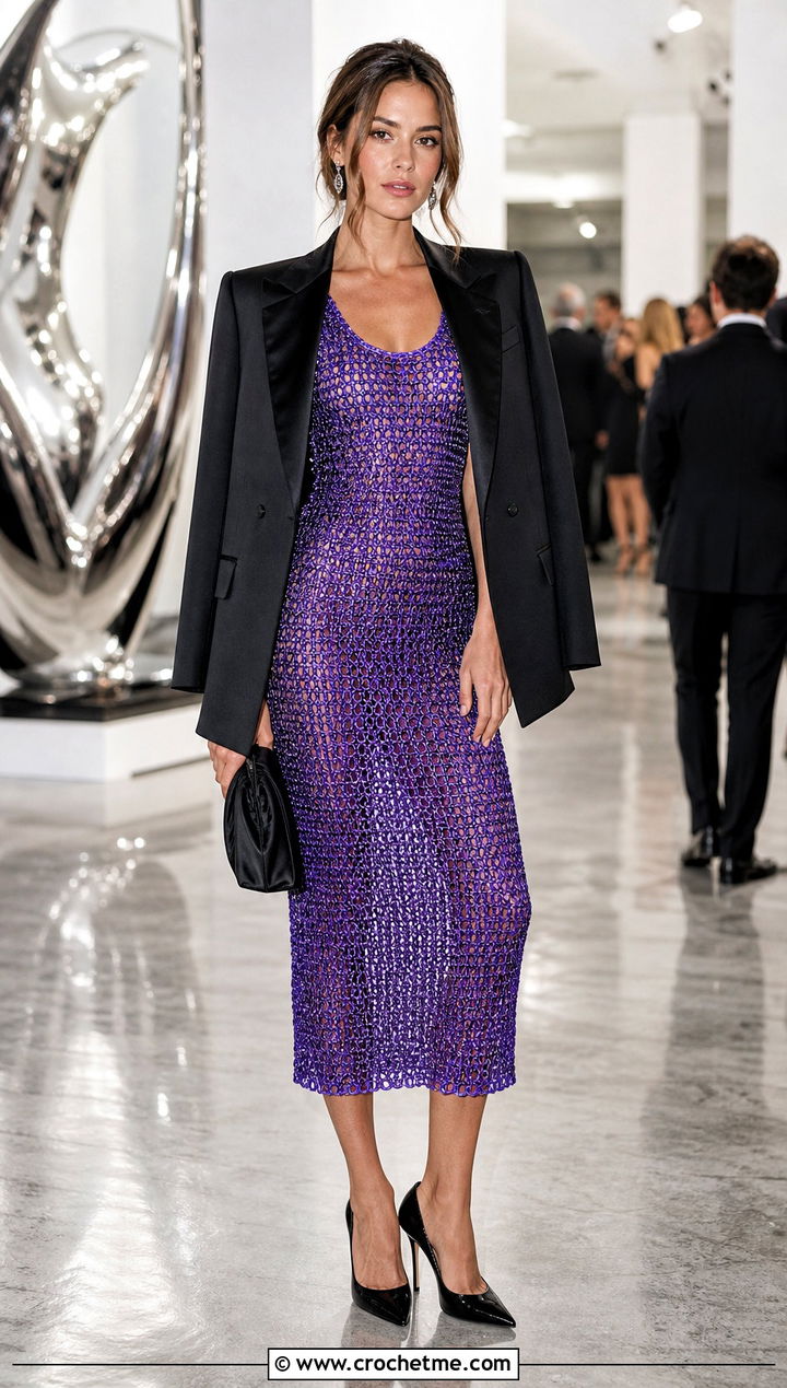Metallic Crochet Knit Midi Dress With Tuxedo Blazer - 35 Crochet Knit Dress outfit ideas