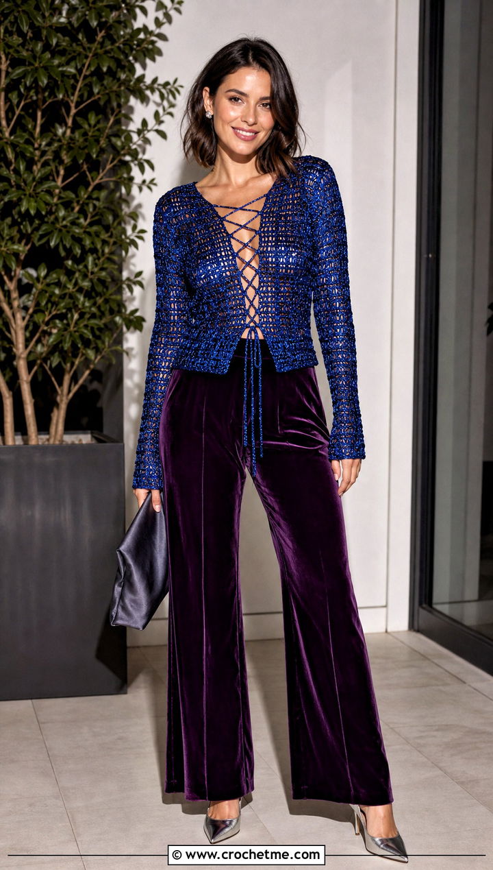 Metallic Crochet Lace Up Top With Velvet Trousers - 30 crochet lace up top outfit ideas
