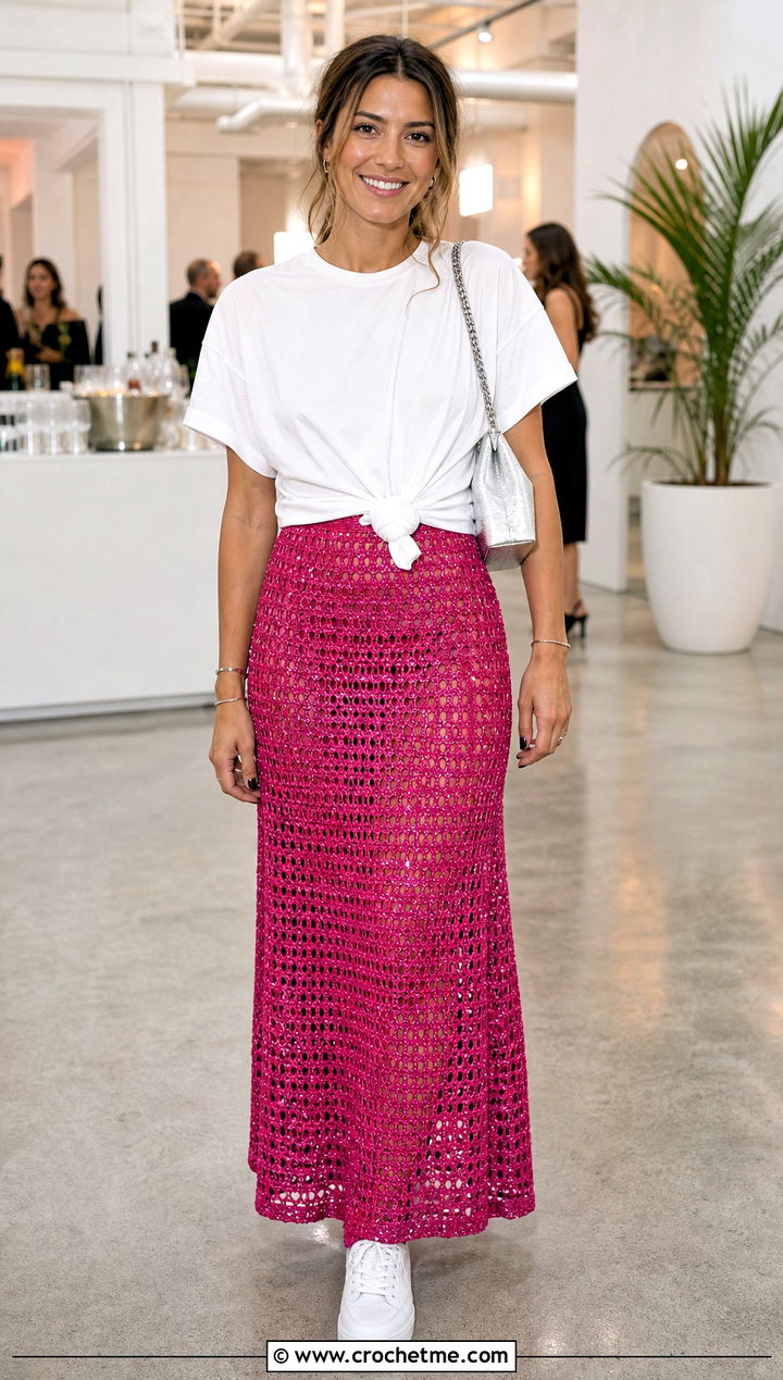 Metallic Crochet Maxi Skirt With Oversized T Shirt - 30 crocheted maxi skirt outfit ideas
