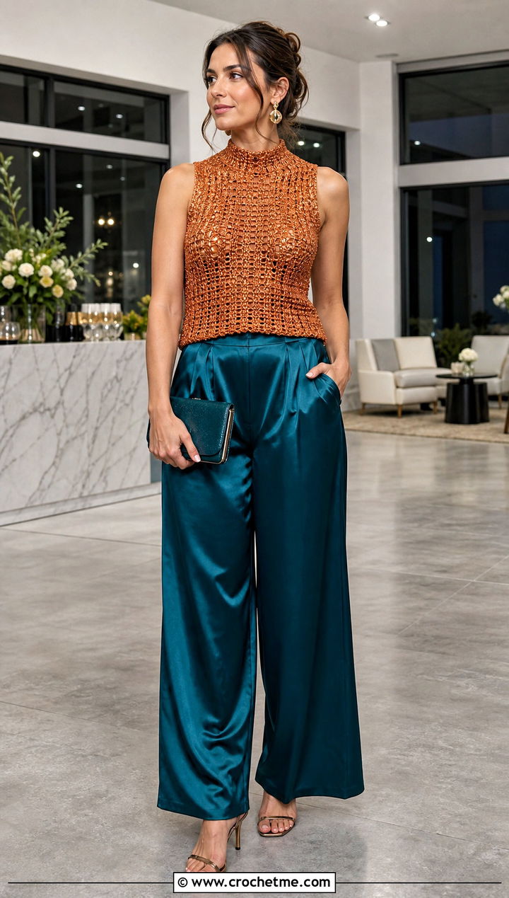 Metallic Crochet Mock Neck Top With Satin Pants - 35 crochet mock neck top outfit ideas