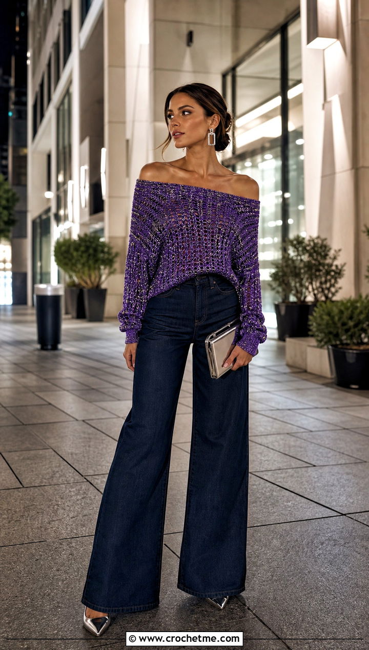Metallic Crochet Off Shoulder Sweater With Dark Wide Leg Jeans - 25 Crochet Over The Shoulder Sweater outfit ideas