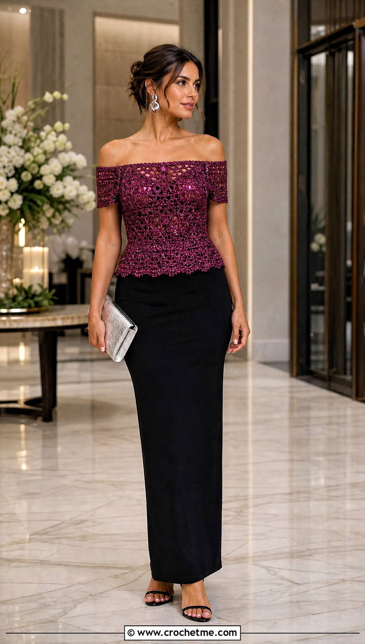Metallic Crochet Off The Shoulder Top With Black Maxi Skirt - 35 Crochet Off The Shoulder Top outfit ideas