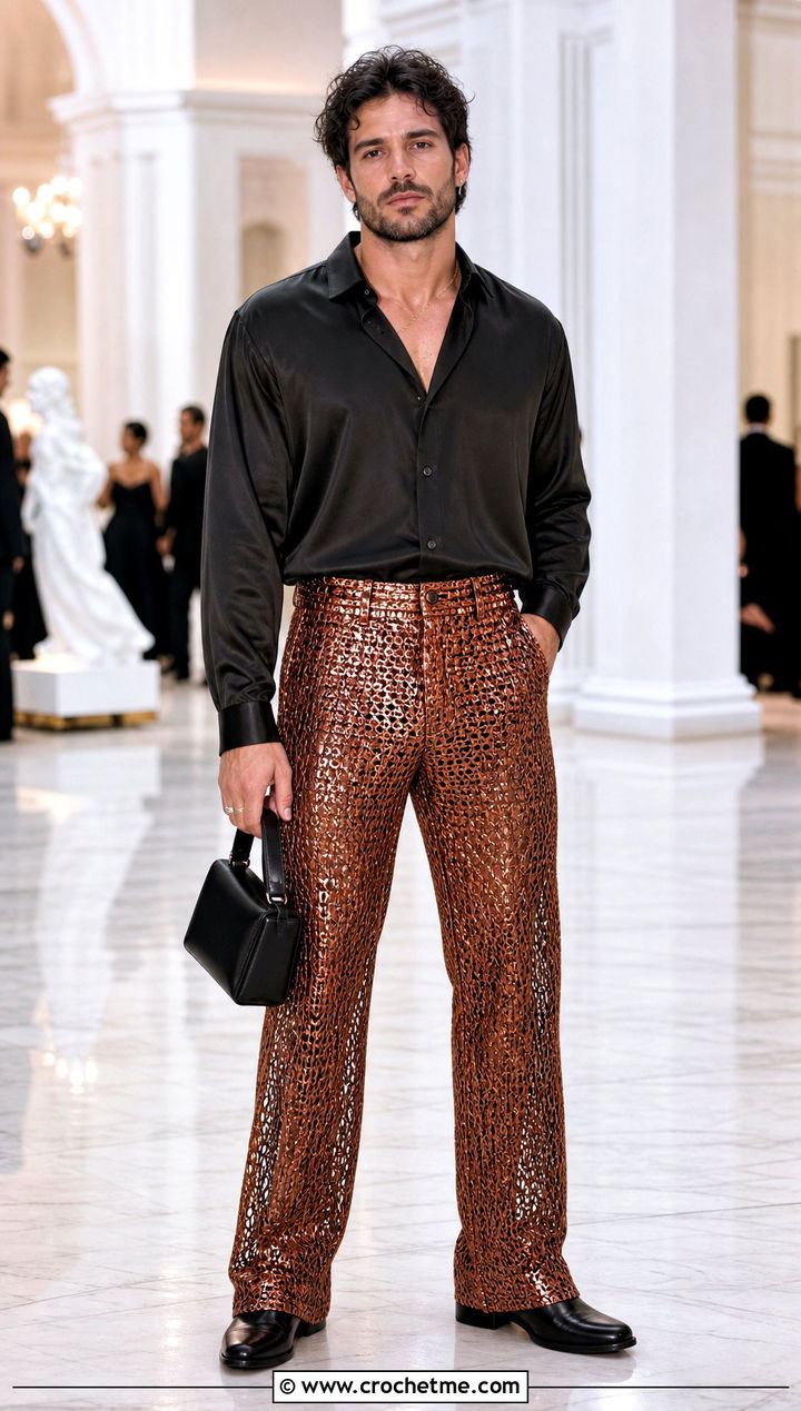 Metallic Crochet Pants With Silk Shirt - 30 mens crochet pants outfit ideas