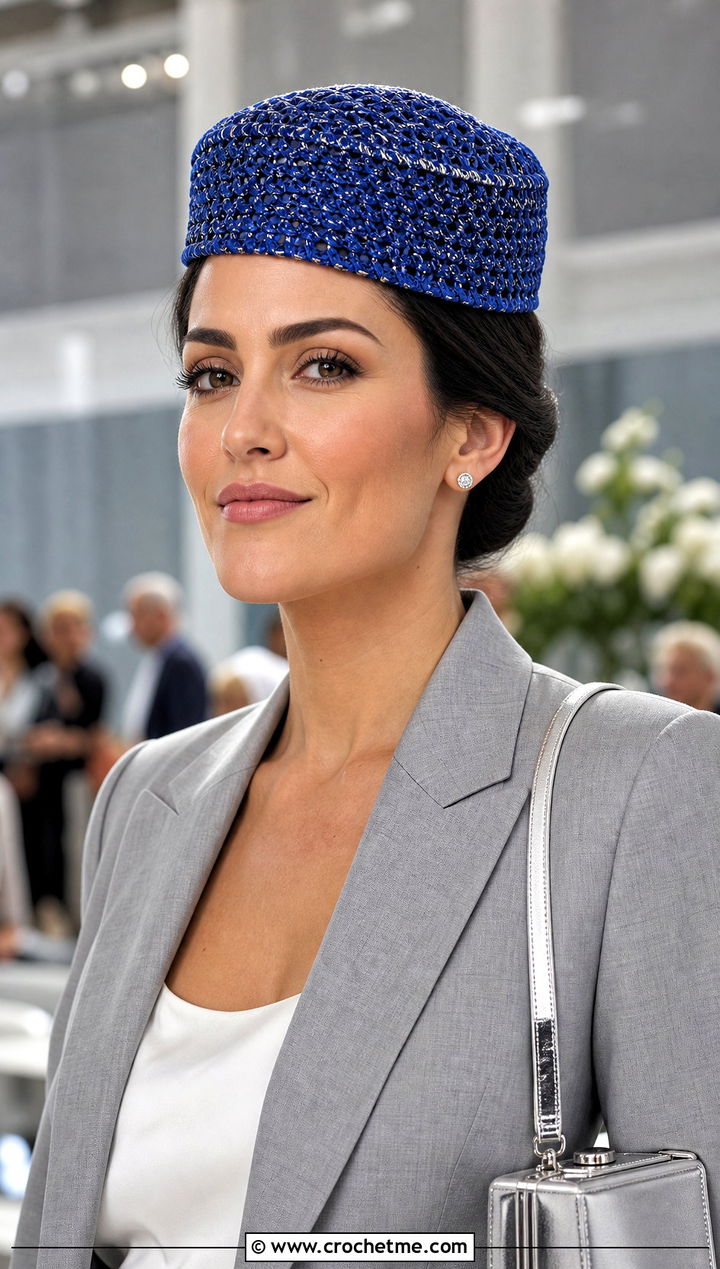 Metallic Crochet Pillbox Hat With Monochrome Suit And Pumps - 25 crochet pillbox hat outfit ideas